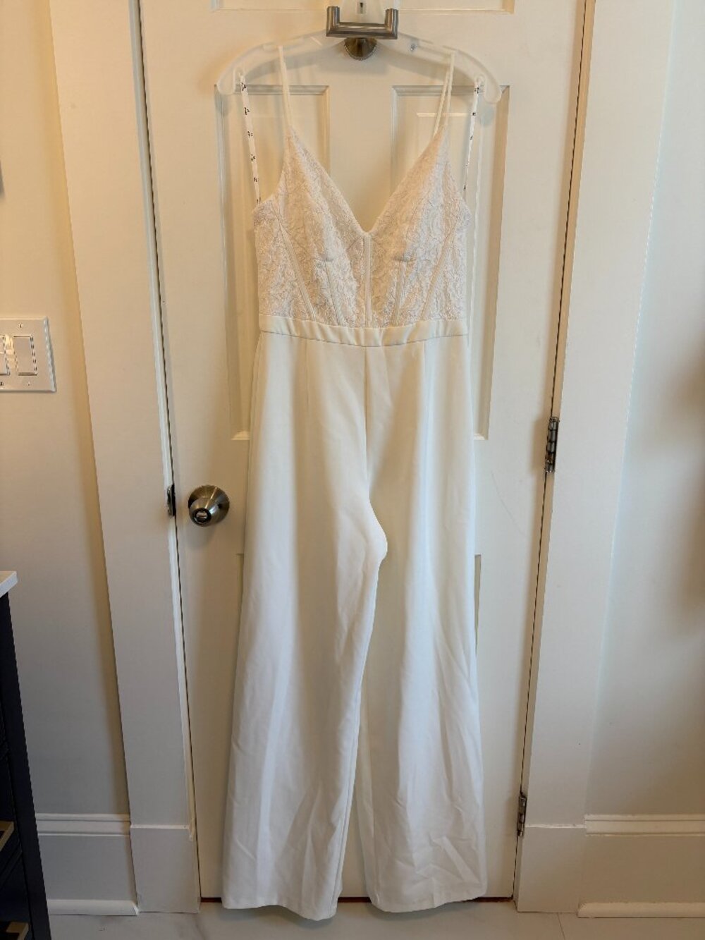 David's Bridal White Jumpsuit with Lace Bodice - Size 8